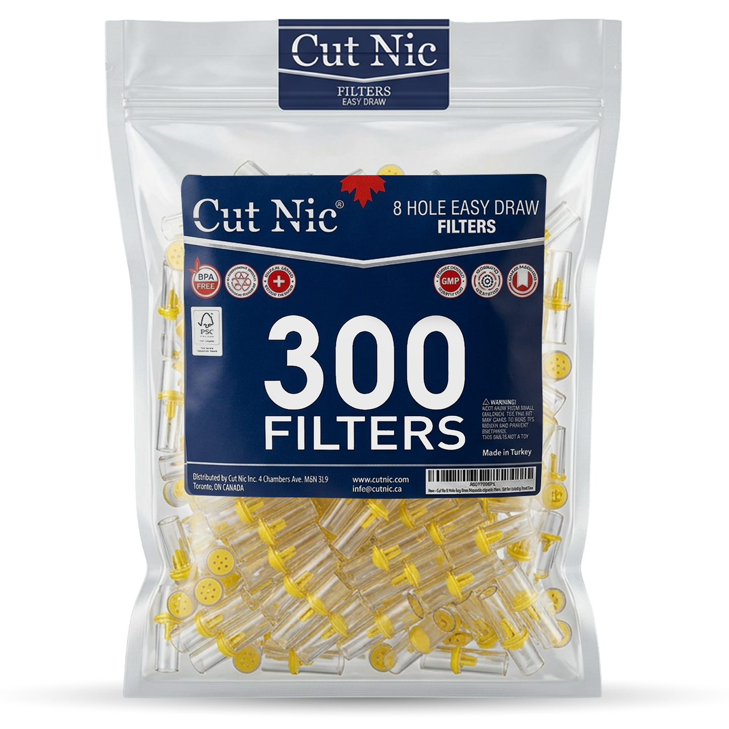 Cut Nic 8 Hole Easy Draw Filters 300 Pack - 1 Travel Case - Fits Regular & King Size